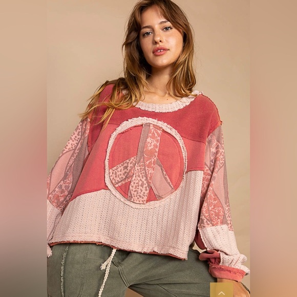 NEW POL Pice Sign Round Neck Long Sleeves Oversized Fit French Terry Top - Picture 2 of 3